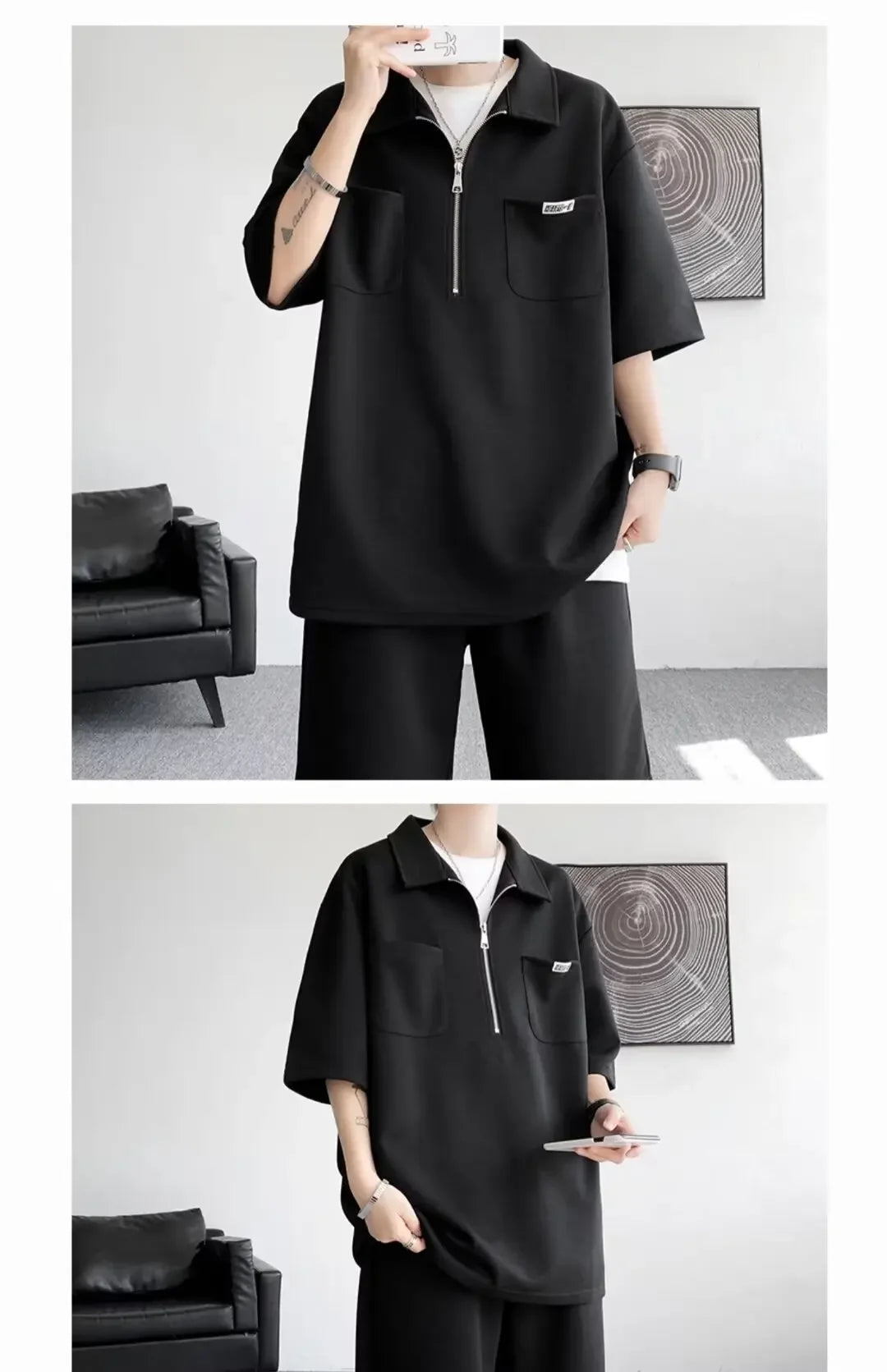 Ice Silk Short Sleeve Polo Shirt Men Summer Trendy Shorts Casual Sports Set Seven Half Zipper Comfortable Thin Male Clothing - Ellianto fashion Men's