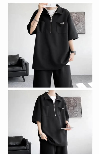 Ice Silk Short Sleeve Polo Shirt Men Summer Trendy Shorts Casual Sports Set Seven Half Zipper Comfortable Thin Male Clothing - Ellianto fashion Men's
