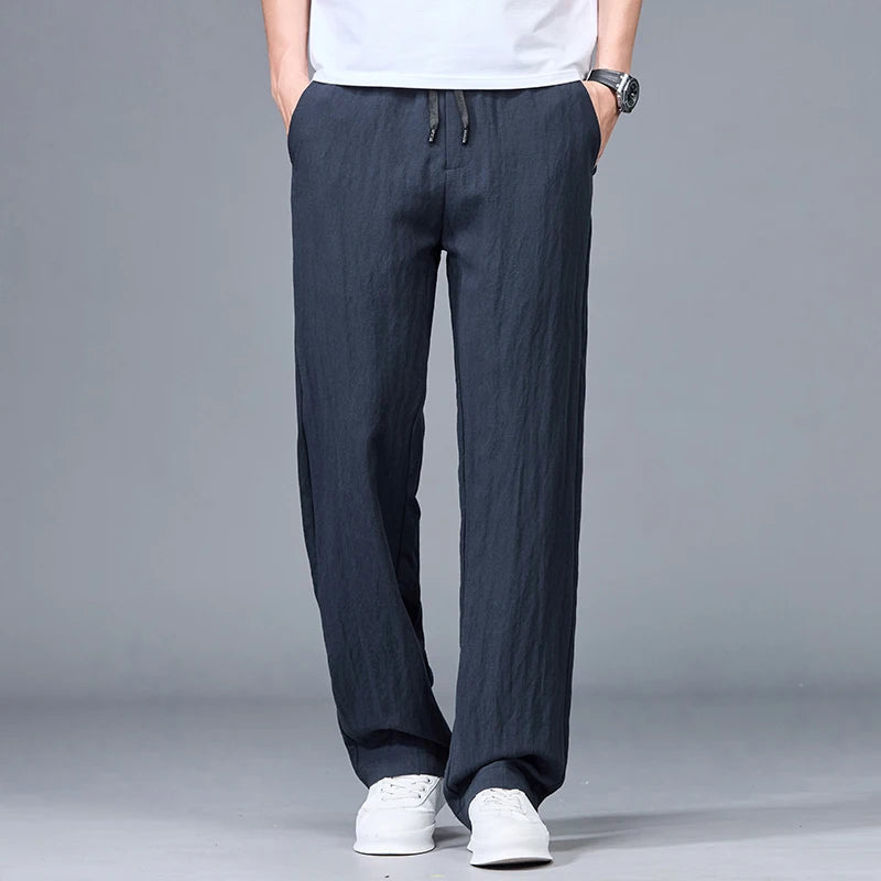 Men’s Summer Ice Silk Linen Casual Pants – Lightweight, Breathable Straight-Leg Trousers with Wide-Leg, Drawstring, Baggy Fit, and Elastic Waist for Effortless Comfort