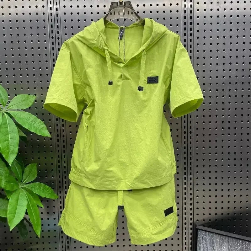 Men's Summer Quick Dry Sun Protection Set Loose Fit Short Sleeve Hoodie Two Piece Suit Thin Material Comfortable Breathable - Ellianto fashion Men's
