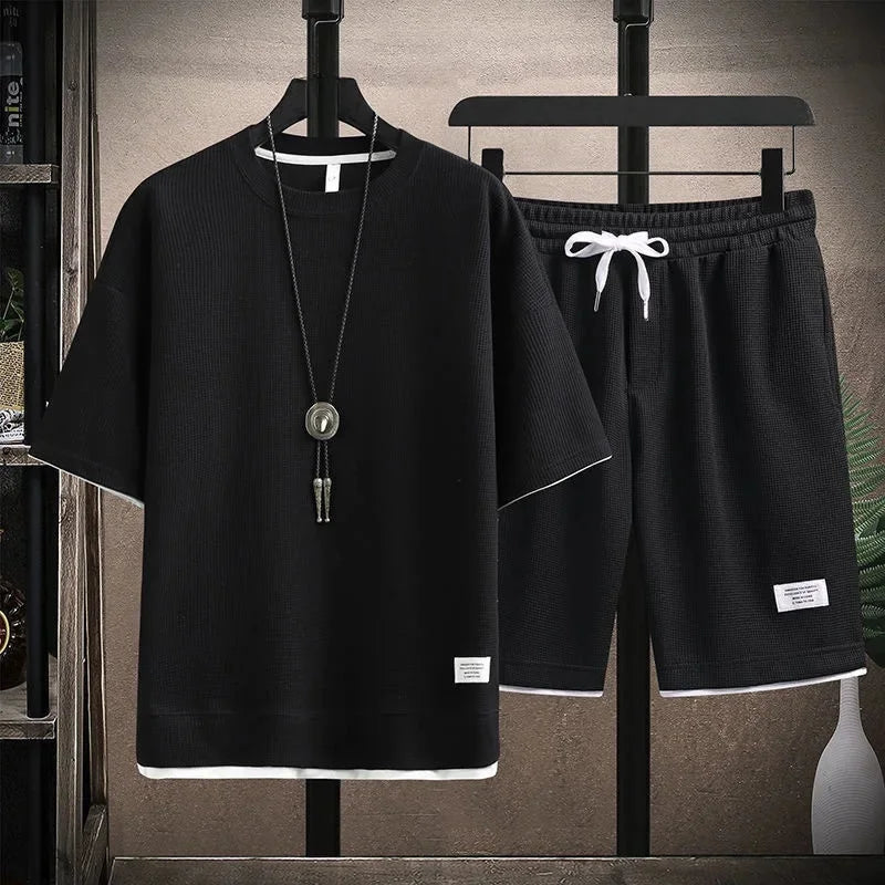 Casual Men's Sportswear Set Summer Short Sleeve Drawstring Shorts Loose Five-Quarter Pants Thin Male Outfit Two-Piece Suit - Ellianto fashion Men's