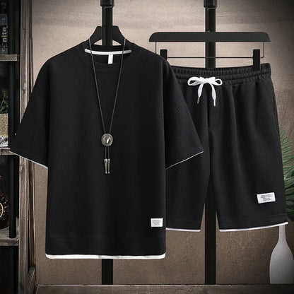 Casual Men's Sportswear Set Summer Short Sleeve Drawstring Shorts Loose Five-Quarter Pants Thin Male Outfit Two-Piece Suit - Ellianto fashion Men's