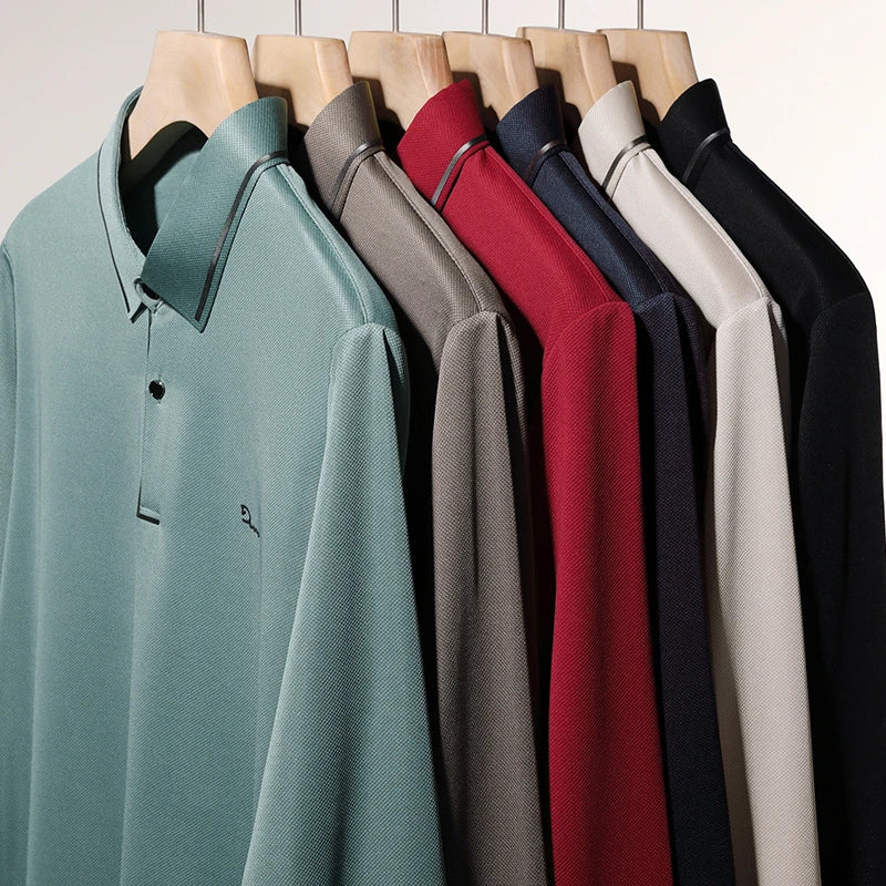 New Men's Business Casual Long Sleeved Shirt with Badge Solid Color Polo Shirt Fashionable Breathable Comfortable Versatile Top - Ellianto fashion Men's