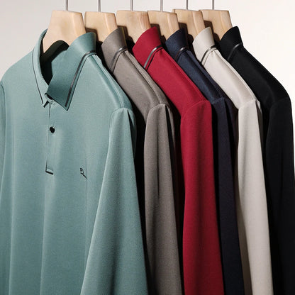 New Men's Business Casual Long Sleeved Shirt with Badge Solid Color Polo Shirt Fashionable Breathable Comfortable Versatile Top - Ellianto fashion Men's