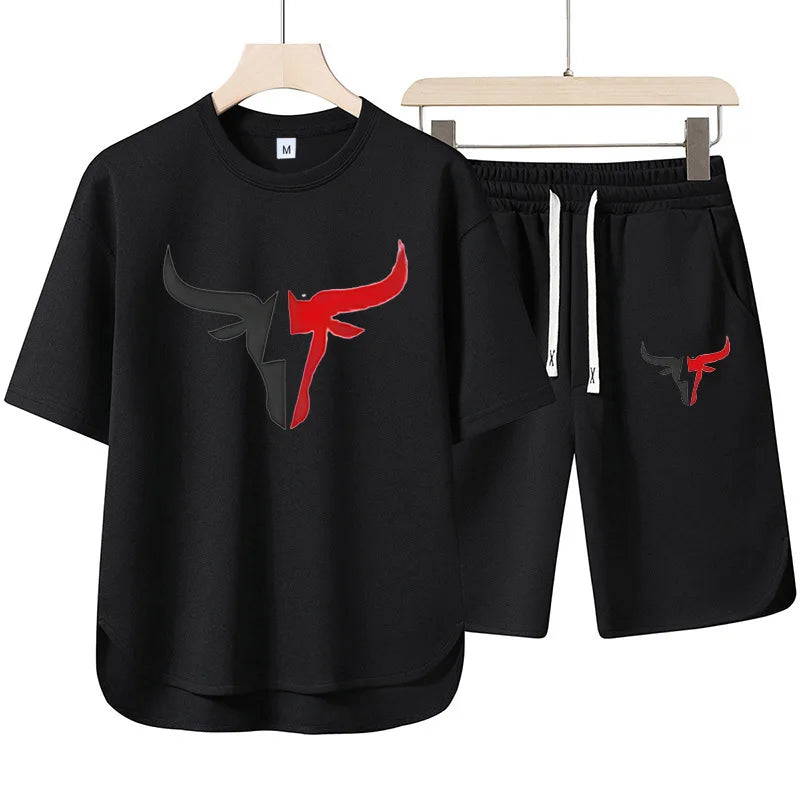 Set 2025 New European and American men's Summer Casual cotton and linen European size short-sleeved shirt + jogging sports shorts 2- - Ellianto fashion Men's