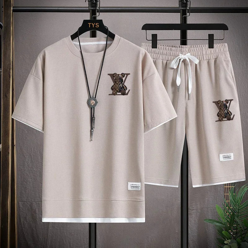 Set 2025 Summer Trend European and American men's sportswear Set: A brand-new outdoor jogging casual breathable short-sleeved T-shir - Ellianto fashion Men's