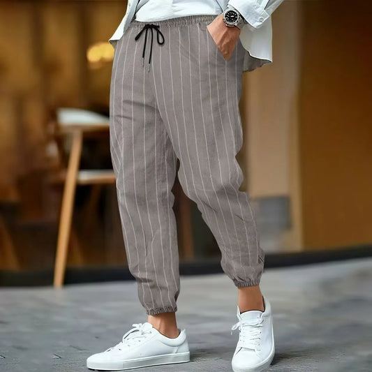 Men's Striped Casual Cotton Linen Blend Trousers Loose Fit Breathable Fashionable Sport Pants Street Versatile Trousers - Ellianto fashion Men's