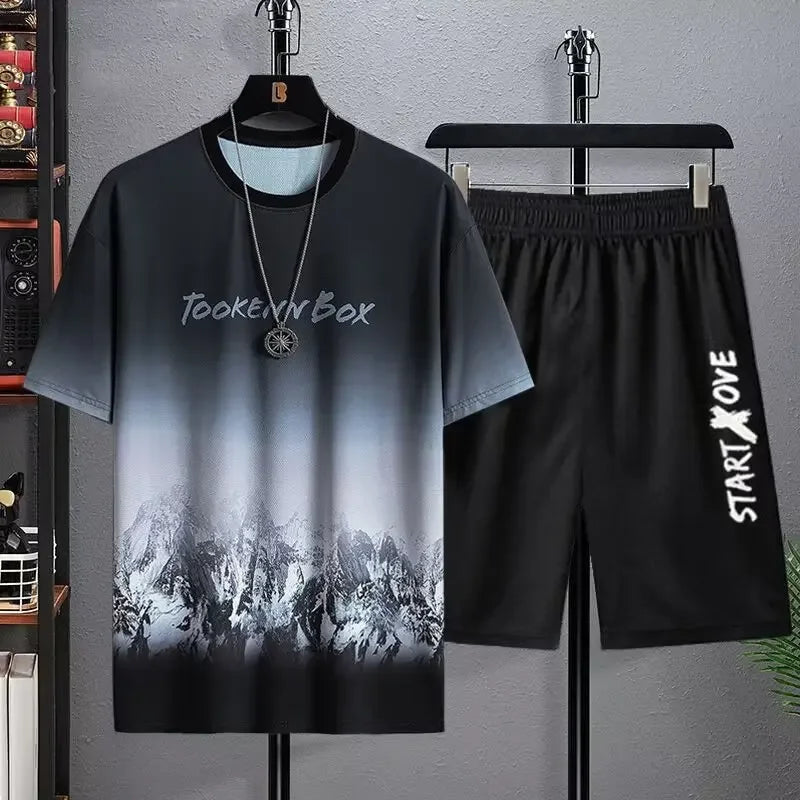 Ice Silk Men's Sportswear Set Quick Dry Casual Dyeing Short Sleeve T-Shirt Shorts Comfortable Lightweight Fashionable Outfit - Ellianto fashion Men's
