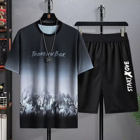 Ice Silk Men's Sportswear Set Quick Dry Casual Dyeing Short Sleeve T-Shirt Shorts Comfortable Lightweight Fashionable Outfit - Ellianto fashion Men's