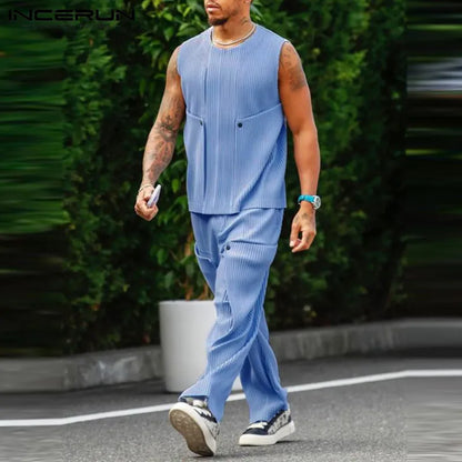 INCERUN Men Sets Solid Color Streetwear O-neck Sleeveless Tank Tops & Pants 2PCS Summer Loose Fashion Men's Casual Suits S-2XL - Ellianto fashion Men's