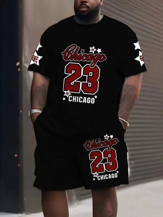 Set 2025 trend Printed Short Sets Tracksuit Plus Size Short-Sleeve Summer Tees $ Shorts Suit Holiday Sports Basketball Number Set - Ellianto fashion Men's