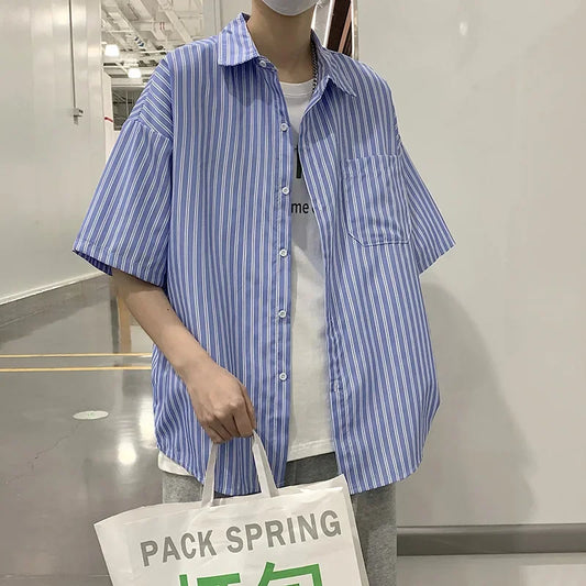 Japanese Style Simple Striped Short Sleeve Shirt For Men Summer Korean Trendy Loose Fit Casual Jacket