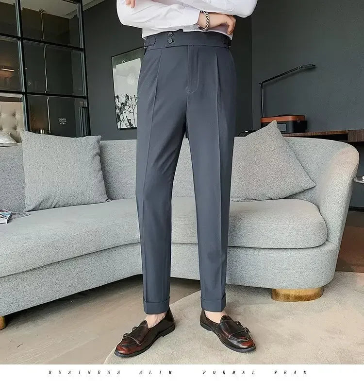 AutumnCasualTrousersMenStraight-LegNarrow-FitHigh-WaistedSlimsBritishStyleSuit Pants BusinessAttire - Ellianto fashion Men's