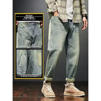 Casual Straight Leg Workwear Jeans Men's Handsome Trendy Brand Spring Autumn New Style Nine Points Casual Pants for Boys - Ellianto fashion Men's
