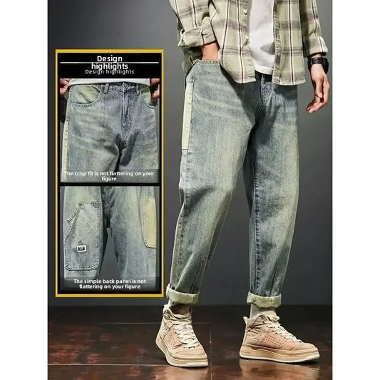 Casual Straight Leg Workwear Jeans Men's Handsome Trendy Brand Spring Autumn New Style Nine Points Casual Pants for Boys - Ellianto fashion Men's