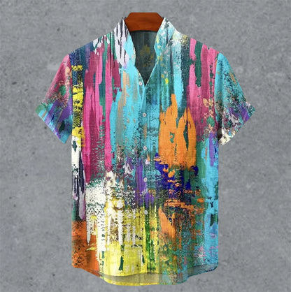 Art retro vintage men's shirt with mottled marks, standing collar printed short sleeved shirt, casual and comfortable top S-5XL - Ellianto fashion Men's
