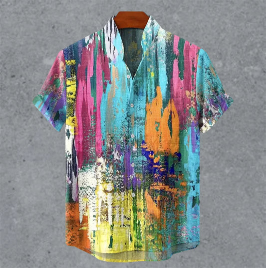 Art retro vintage men's shirt with mottled marks, standing collar printed short sleeved shirt, casual and comfortable top S-5XL - Ellianto fashion Men's