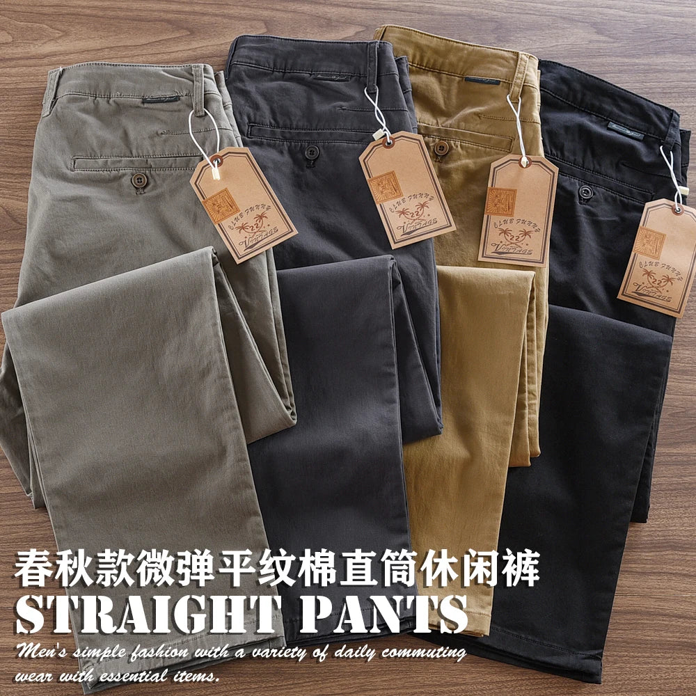 2025 Autumn New American Retro Woven Twill Cargo Pants Men's Simple 97.4% Cotton Washed Micro Elastic Straight Casual Trousers - Ellianto fashion Men's