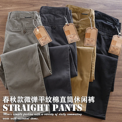 2025 Autumn New American Retro Woven Twill Cargo Pants Men's Simple 97.4% Cotton Washed Micro Elastic Straight Casual Trousers - Ellianto fashion Men's
