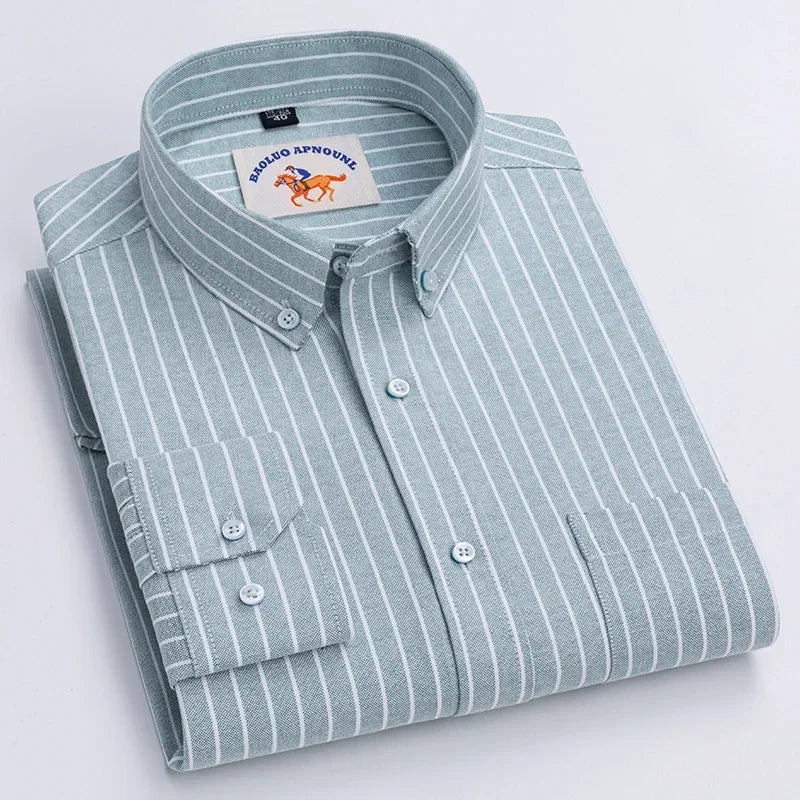 Casual Pure Cotton Oxford Mens Shirts Long Sleeve Embroidery Horse Design Regular Fit Fashion Button Man White Dress Shirt - Ellianto fashion Men's