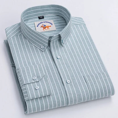 Casual Pure Cotton Oxford Mens Shirts Long Sleeve Embroidery Horse Design Regular Fit Fashion Button Man White Dress Shirt - Ellianto fashion Men's