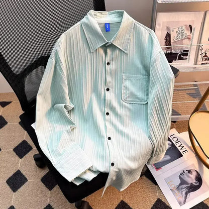 Loose-Fit Striped Ice Silk Long-Sleeve Shirt – Lightweight Summer Comfort with Effortless Style and Sun Protection for the Modern Gentleman