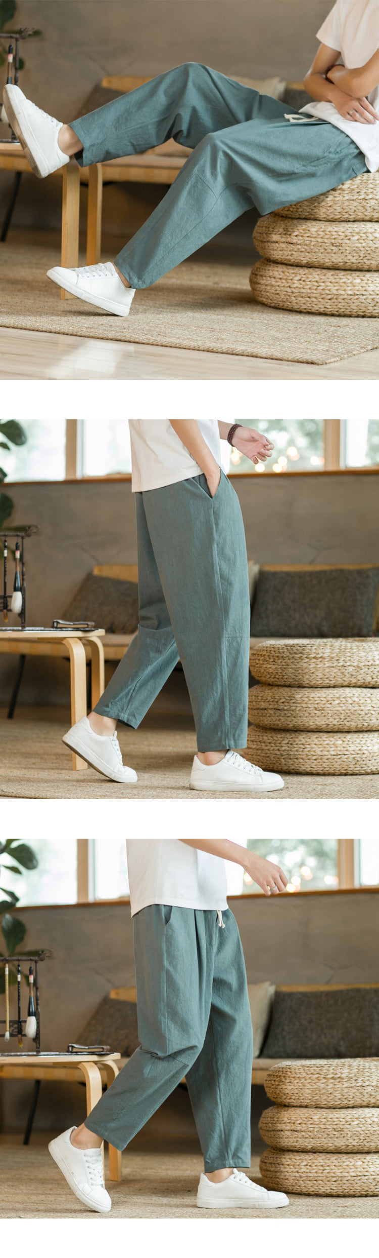 Men's Trousers Cotton Linen Fashion Casual Pants Solid Color Breathable Loose Shorts Straight Drawstring Pants Streetwear Men - Ellianto fashion Men's