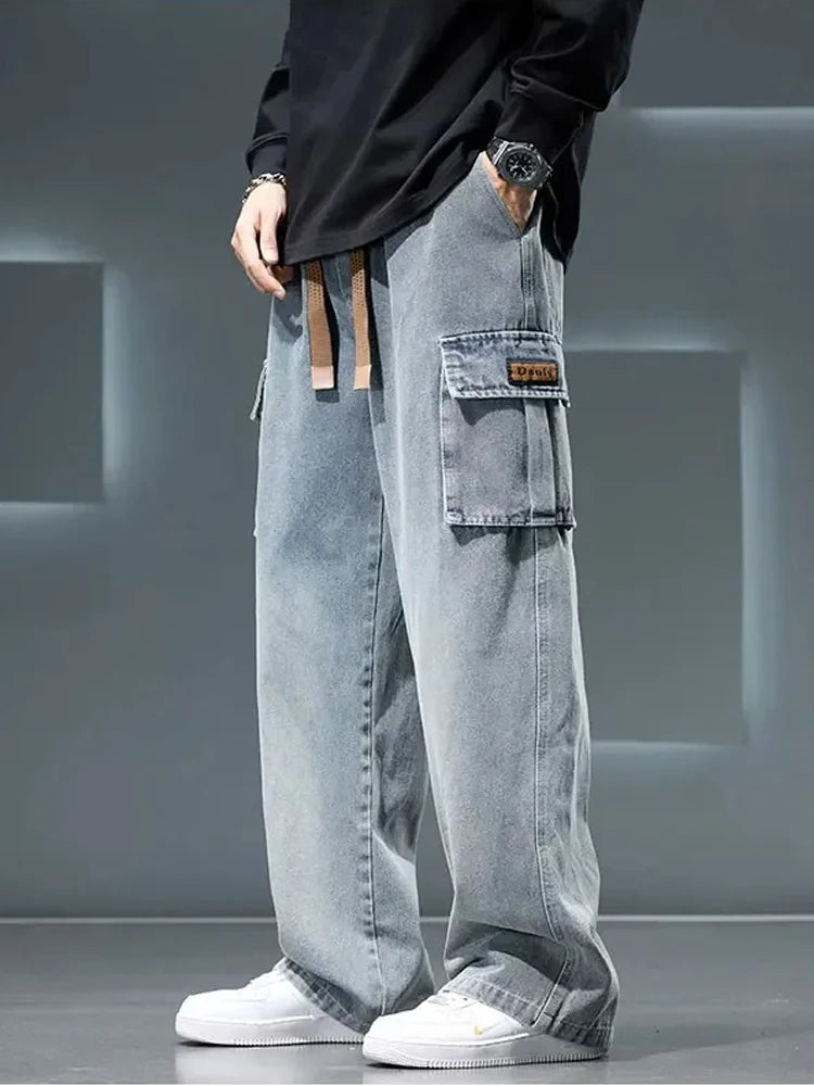 8XL Jeans New Wide Leg Washing Pants Men Trousers Neutral Solid Color Loose Casual Korean Fashion Pocket Plus Size Cargo Pant - Ellianto fashion Men's