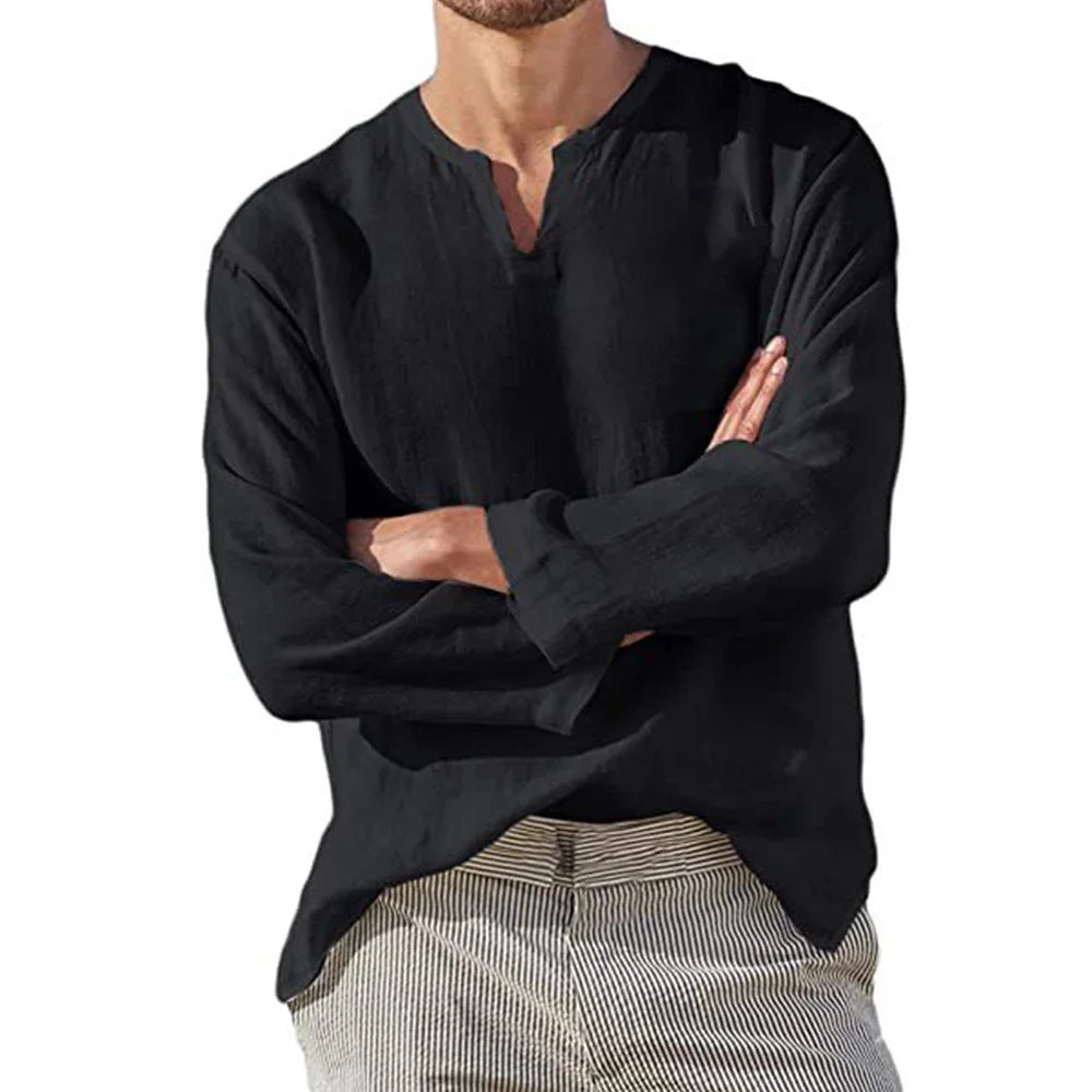 Men's Cotton Linen Shirt Cozy Solid Color Long Sleeve Breathable Tops V Neck Casual Blouse Hawaiian Shirt Lightweight Shirts - Ellianto fashion Men's