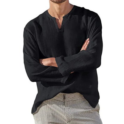 Men's Cotton Linen Shirt Cozy Solid Color Long Sleeve Breathable Tops V Neck Casual Blouse Hawaiian Shirt Lightweight Shirts - Ellianto fashion Men's