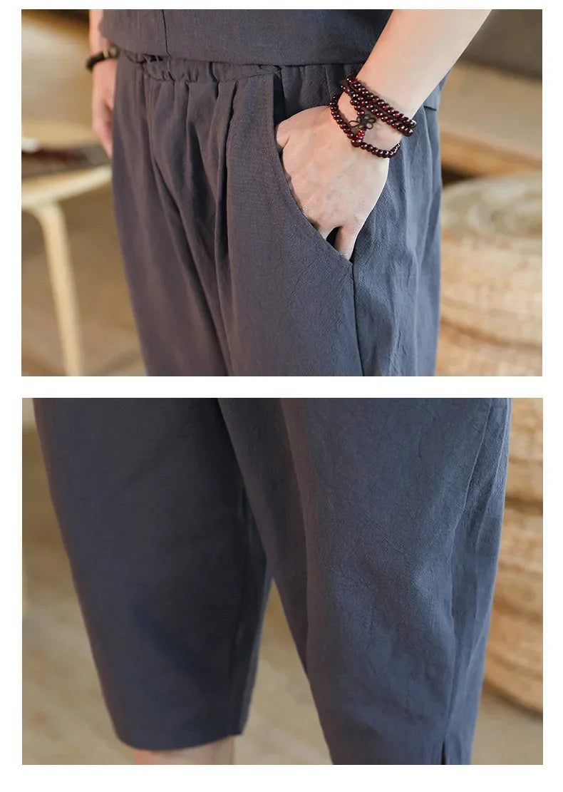 Men's Loose-fit Casual Pants Set Chinese Style Cotton Linen Short Sleeve Shirt Seven-point Shorts Two-piece Suit - Ellianto fashion Men's