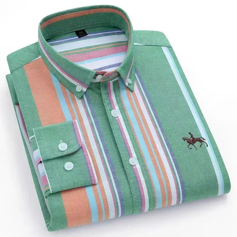 Casual Pure Cotton Oxford Mens Shirts Long Sleeve Embroidery Horse Design Regular Fit Fashion Button Man White Dress Shirt - Ellianto fashion Men's