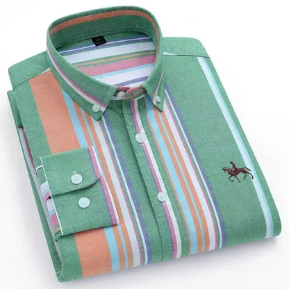 Casual Pure Cotton Oxford Mens Shirts Long Sleeve Embroidery Horse Design Regular Fit Fashion Button Man White Dress Shirt - Ellianto fashion Men's