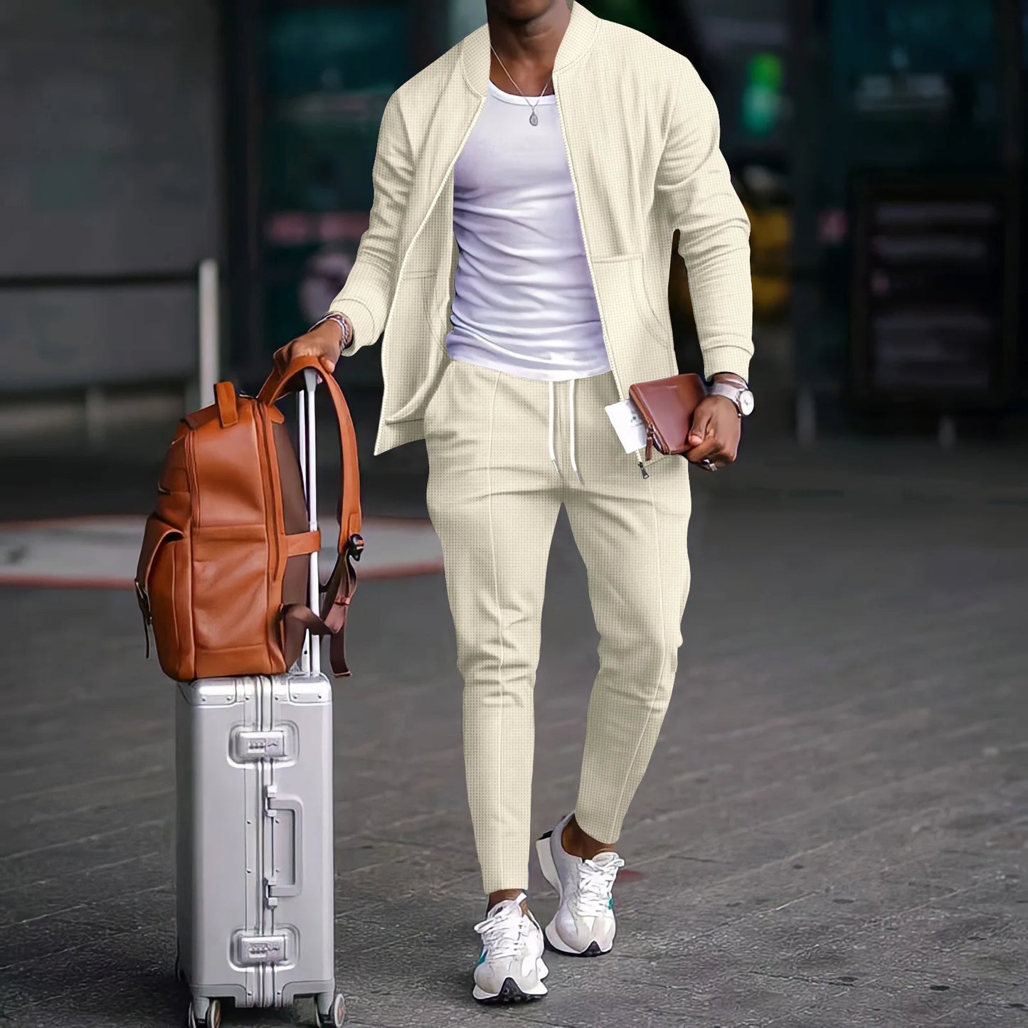Set Autumnwinter men's casual blazer set new fashion Waffle baseball suit round neck pocket zipper long sleeve trousers two-piece se - Ellianto fashion Men's