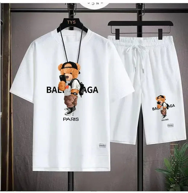 Set The 2025 new summer men's suit jacket short-sleeved oversized T-shirt + outdoor men's jogging casual shorts 2-piece set is sport - Ellianto fashion Men's
