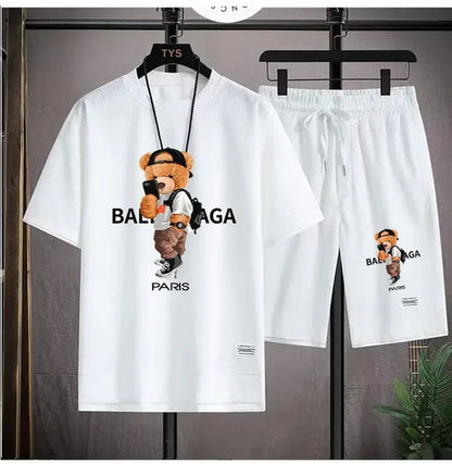 Set The 2025 new summer men's suit jacket short-sleeved oversized T-shirt + outdoor men's jogging casual shorts 2-piece set is sport - Ellianto fashion Men's