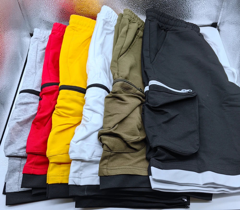 Mens Summer Cargo Shorts Cotton Workout Fitness Shorts Breathable Jogger Training Gyms Bodybuilding Multi Pocket Yellow Shorts - Ellianto fashion Men's