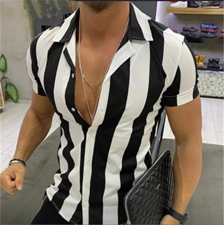 Men's striped casual shirt, summer beach casual loose-fitting short-sleeved shirt, summer daily commuting style travel shirt - Ellianto fashion Men's