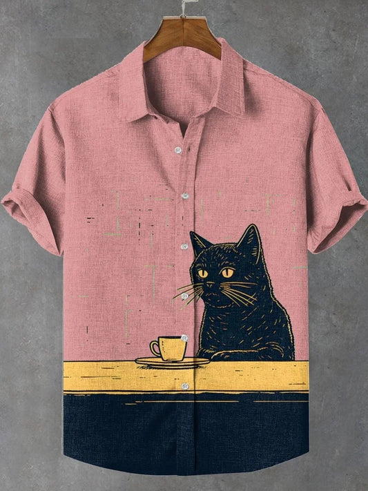 Set Men's Funny Black Cat Chilling Coffee Art Print Shirt Retro Vintage Japanese Style Short Sleeve Lapel Collar Summer Blouses Tops - Ellianto fashion Men's