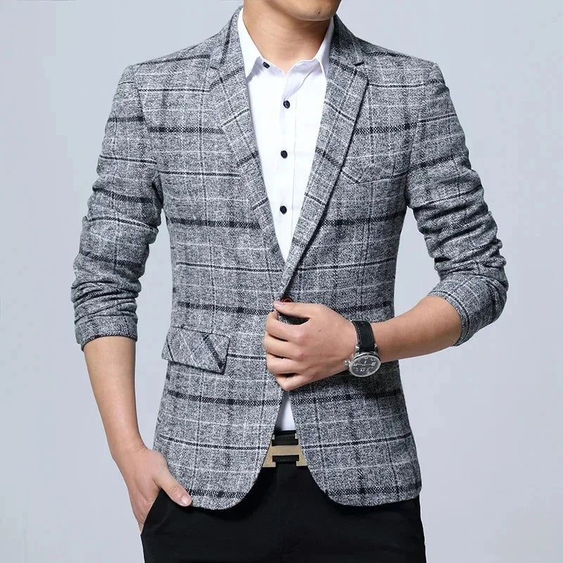 Slim Fit Plaid Men's Casual Suit Jacket Korean Style Spring Fashion Business Leisure Large Size Male Outerwear Coat - Ellianto fashion Men's