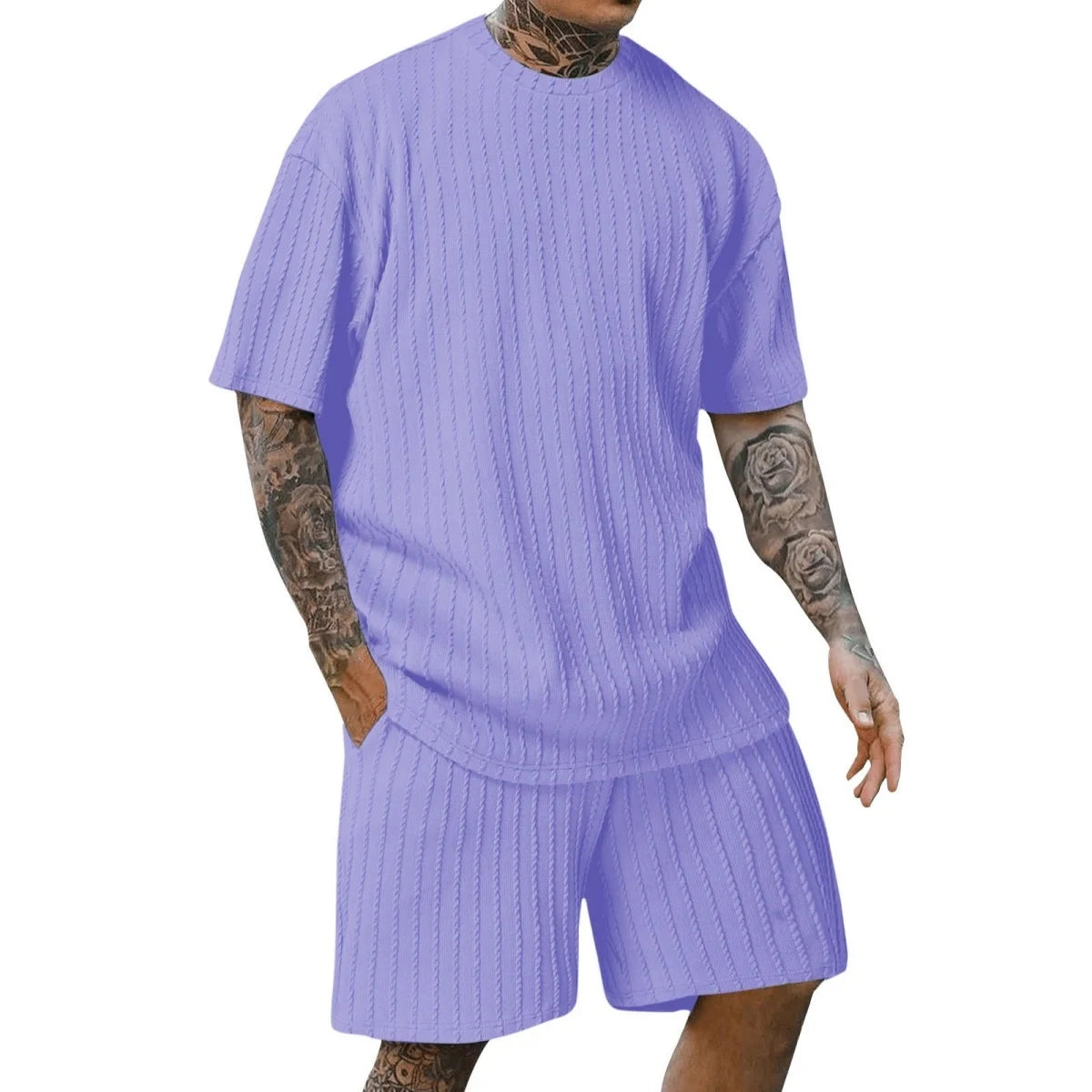 New men's sporty solid-color round-neck pullover vertical striped T-shirt, shorts and short sleeves two-piece casual set 2025 - Ellianto fashion Men's