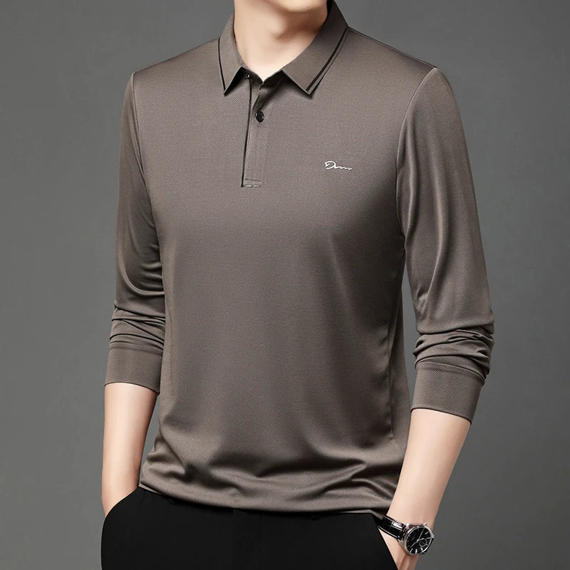 New Men's Business Casual Long Sleeved Shirt with Badge Solid Color Polo Shirt Fashionable Breathable Comfortable Versatile Top - Ellianto fashion Men's