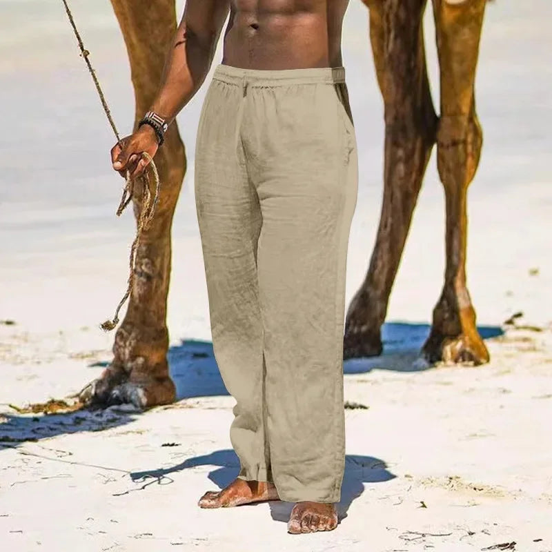 Men's Summer Casual Pure Color Cotton Linen Straight Leg Pants Loose Wrinkle Comfortable Loose Fit Trousers for Men - Ellianto fashion Men's