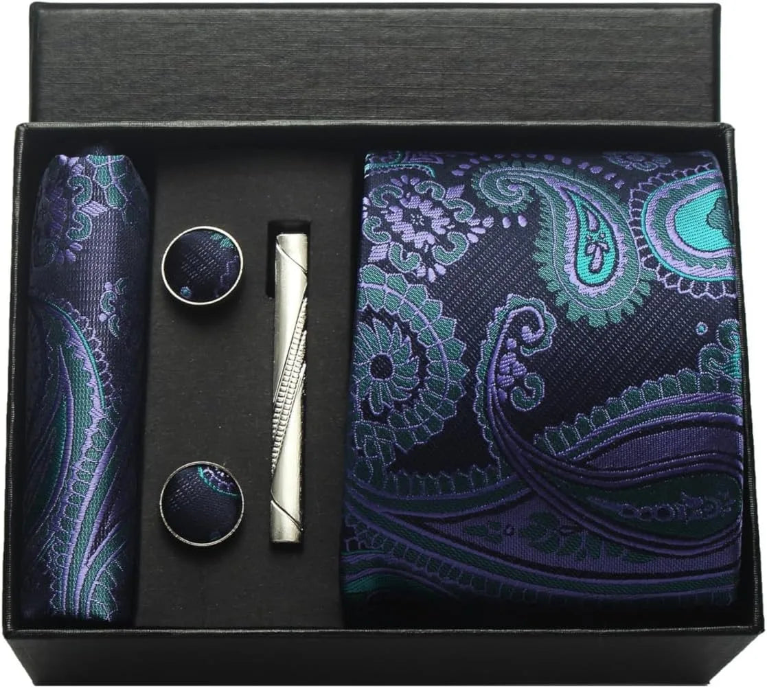 100% Silk Necktie Paisley Floral Mens Tie Top Quality Business Tie Pocket Square Tie Clip Cufflinks Set Classic For Men Gift Box - Ellianto fashion Men's