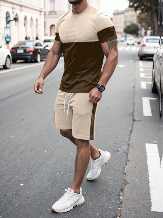 Men's Fashion 2 Piece Summer Tracksuit Holiday 2025 New Short Sleeve Colorblock Shorts Sets Oversized Sports Gym Fit Suits - Ellianto fashion Men's