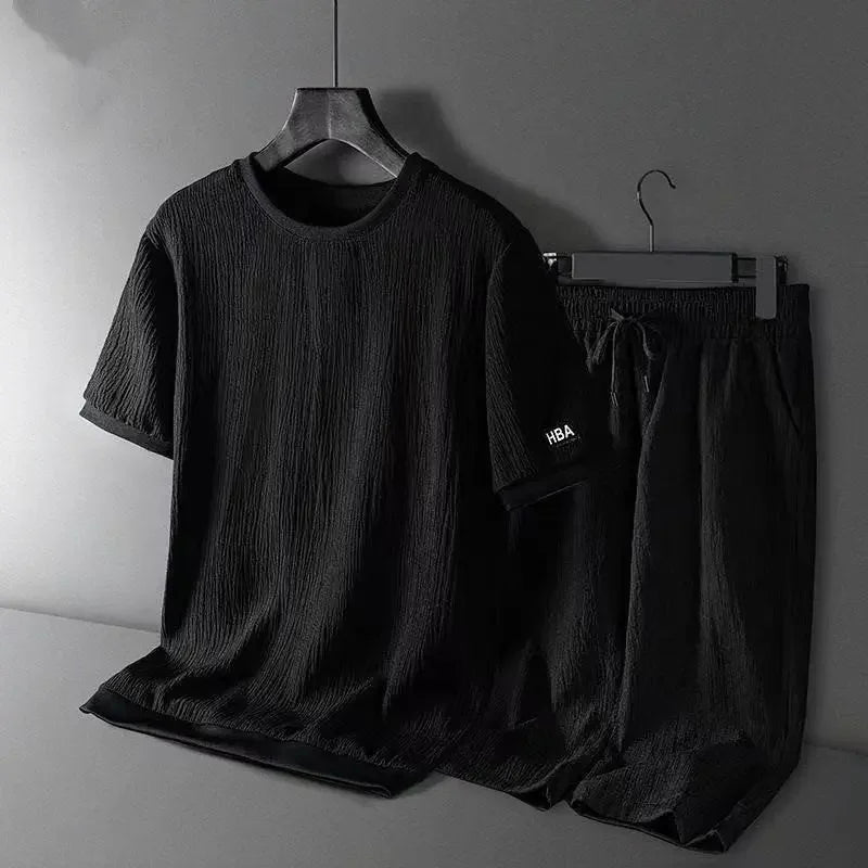Ice Silk Men's Casual Sportswear Loose plus Size Summer Fashionable Short Sleeve Seven-Piece Pants Two-Piece Set - Ellianto fashion Men's