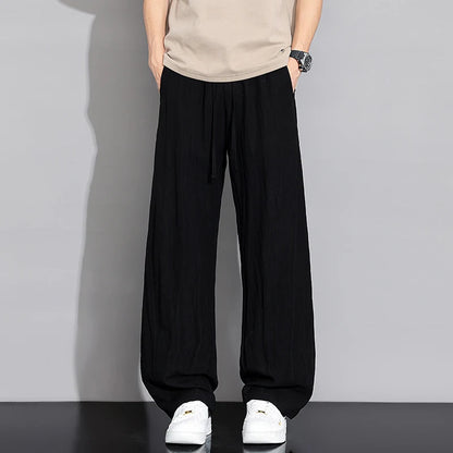 Men’s Thin Ice Silk Linen Casual Pants – Lightweight Wide-Leg Trousers with Drawstring, Straight Baggy Fit, and Elastic Waist for Effortless Comfort
