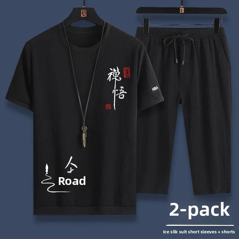 Ice Silk Men's Summer Loose Large Size Casual Sports Set Short Sleeve Seven Pants Two Piece Set Comfortable Breathable Clothing - Ellianto fashion Men's