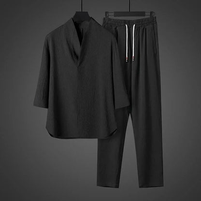 Ice Silk Loose Fit Short Sleeve Men's T-Shirt Set Chinese Style Summer Lightweight Big Size Tang Suit Two Piece Set - Ellianto fashion Men's