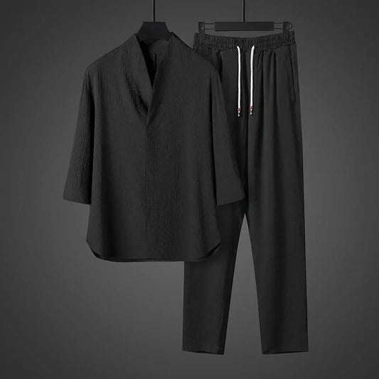 Ice Silk Loose Fit Short Sleeve Men's T-Shirt Set Chinese Style Summer Lightweight Big Size Tang Suit Two Piece Set - Ellianto fashion Men's